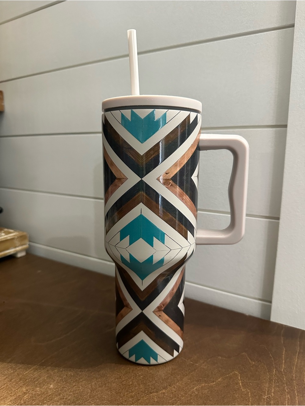 Turquoise Geometric Travel Tumbler with Handle - Home Dining